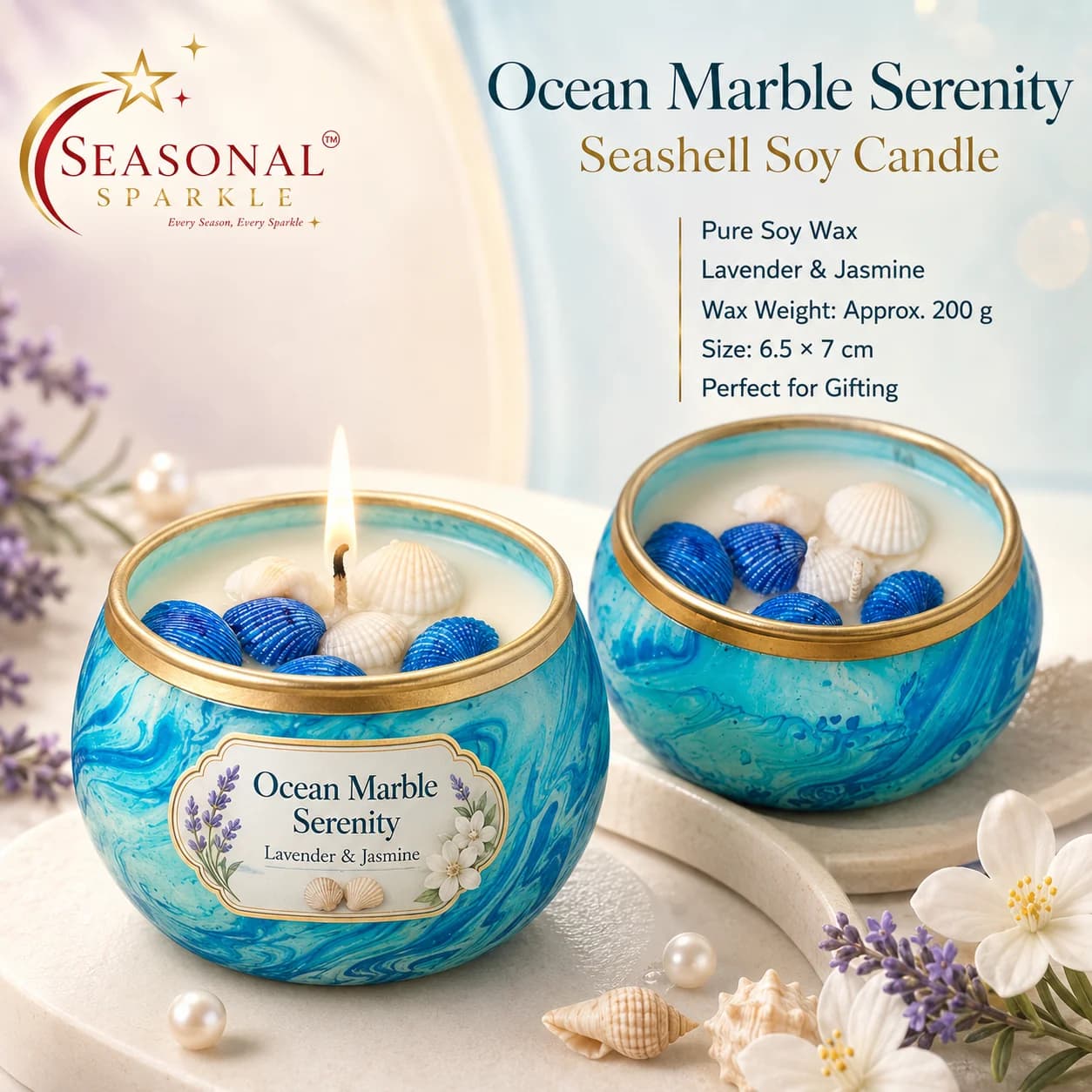 Ocean Marble Serenity Seashell Candle