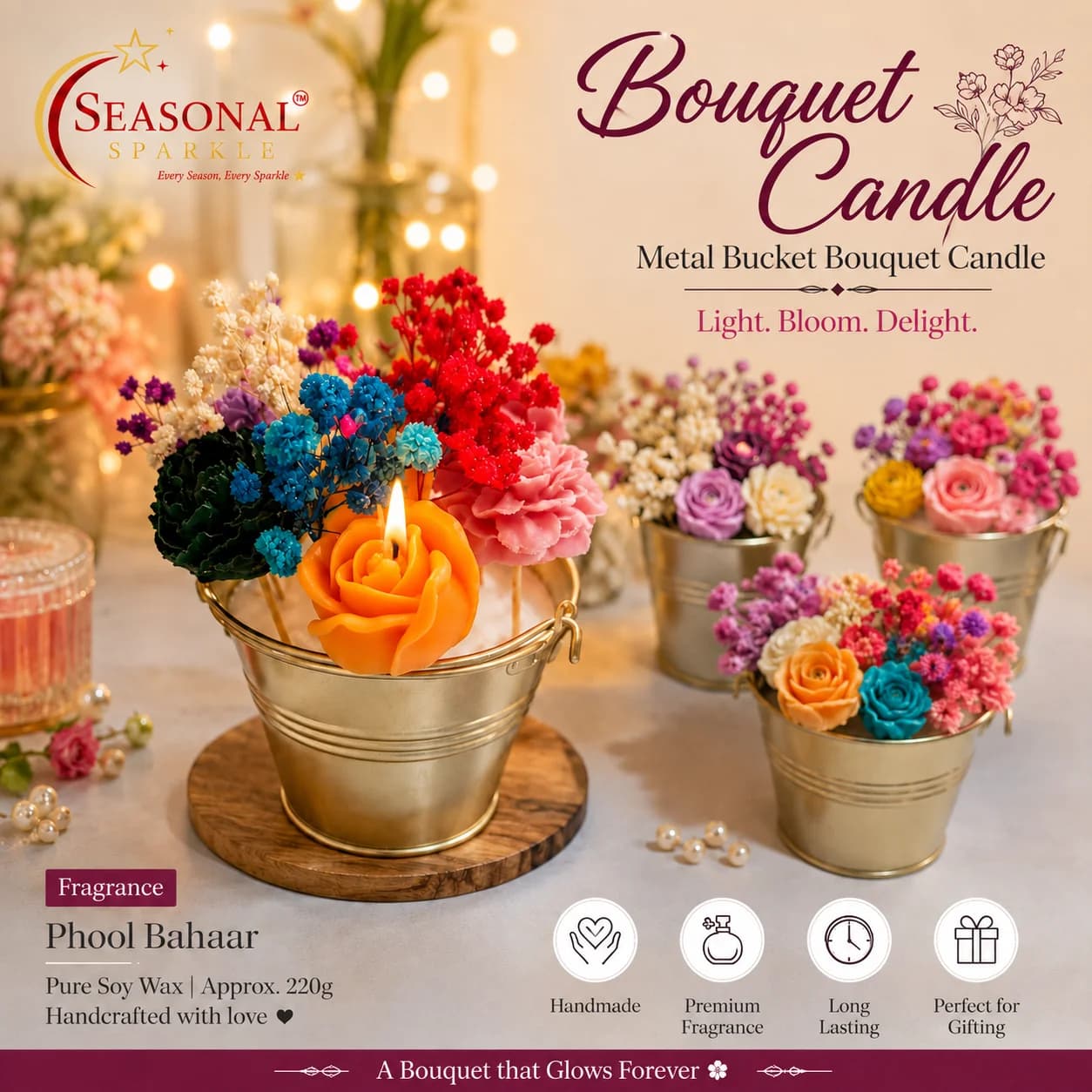 Metal Bucket Bouquet Candle