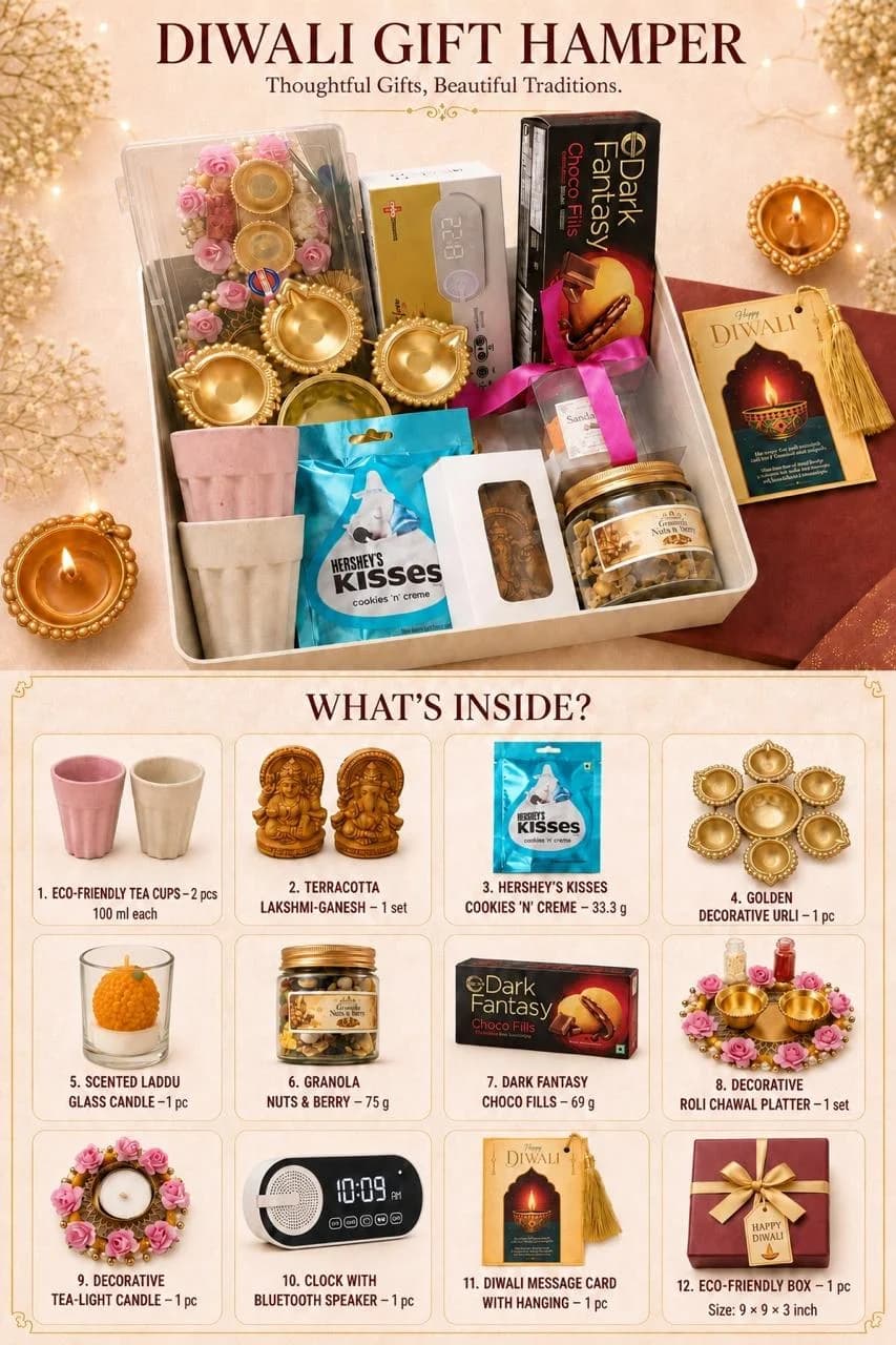 Diwali Gift Hamper – Clock Speaker & Golden Urli
