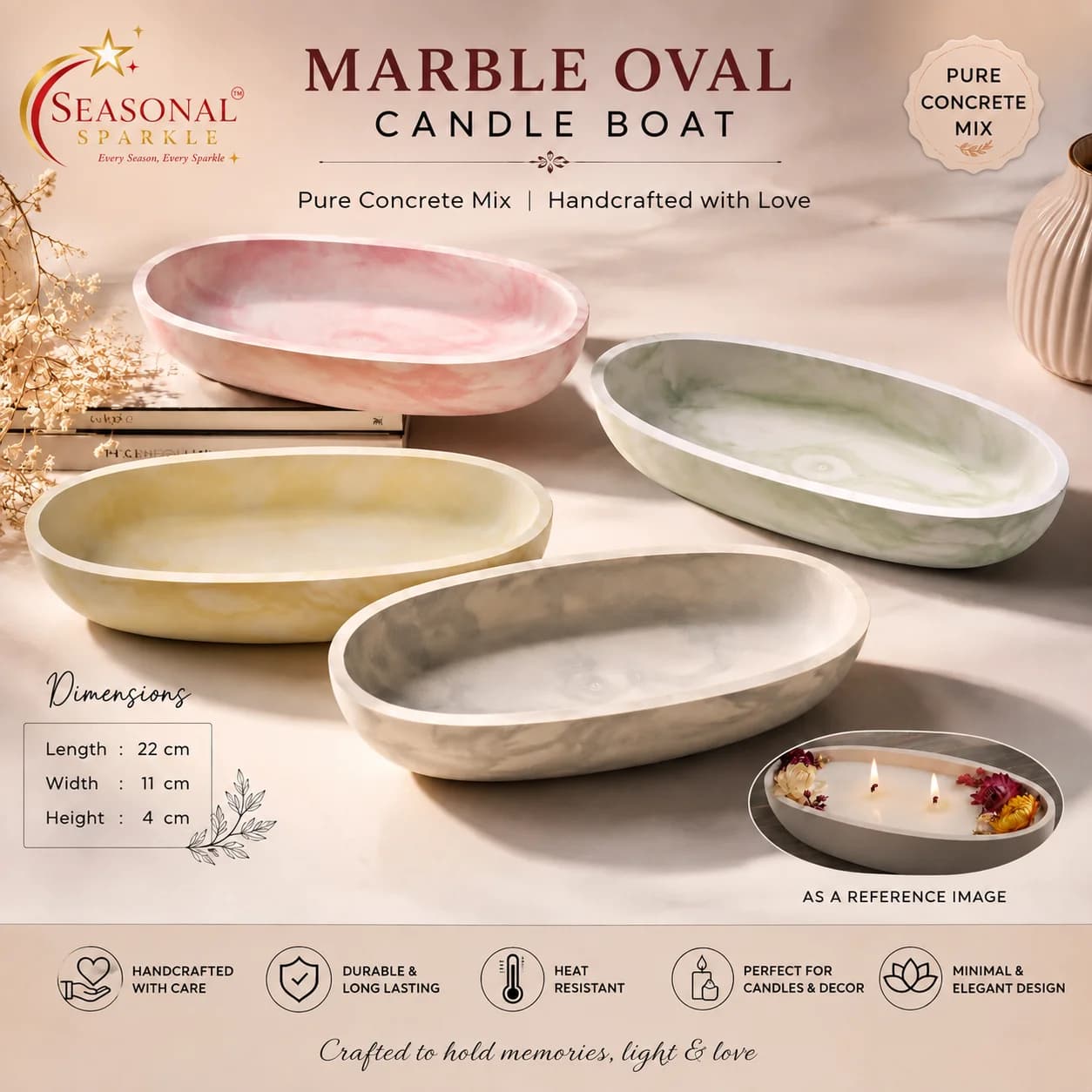 Marble Oval Concrete Candle Boat (moq 5 pcs)