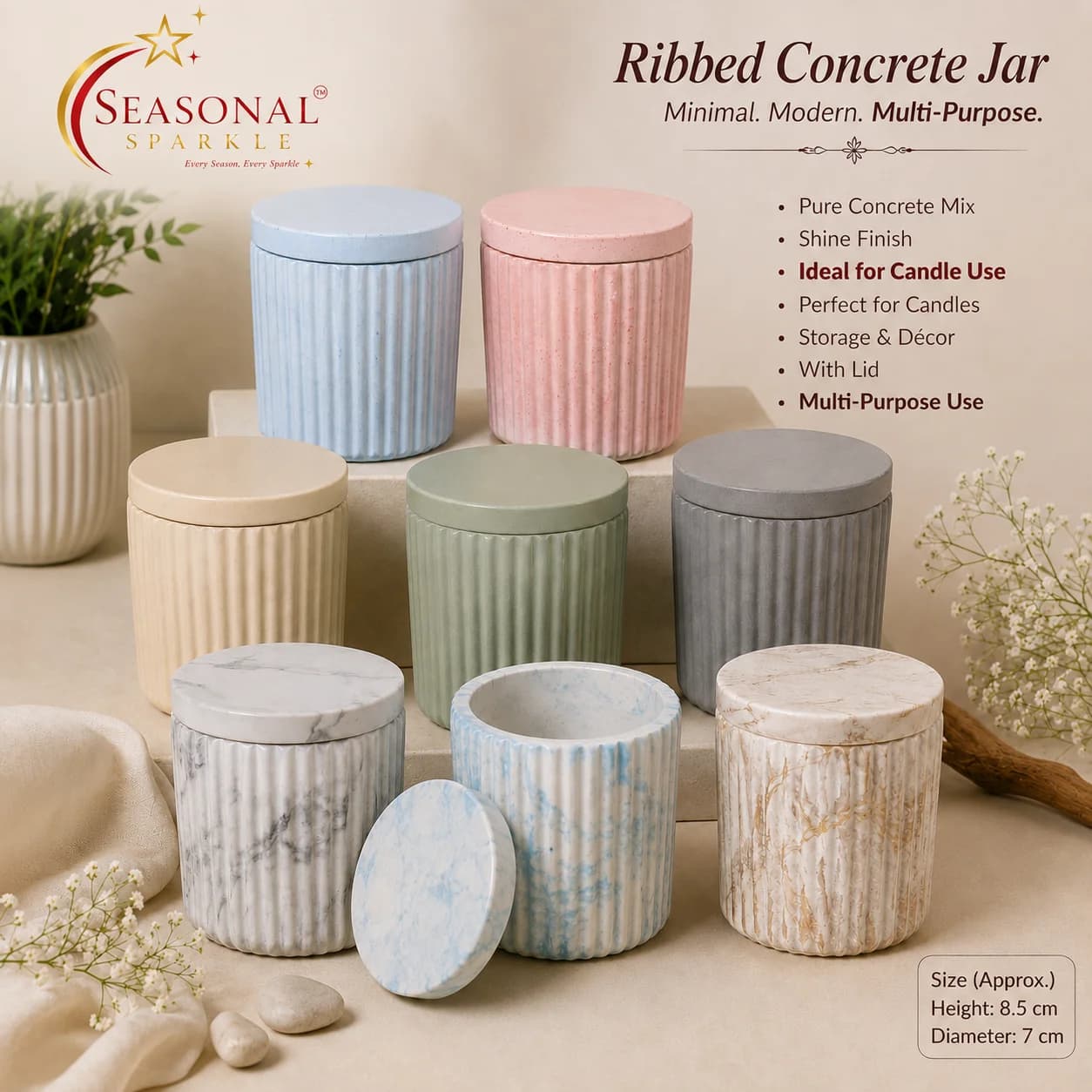 Ribbed Concrete Jar with Lid (moq 5 pcs)