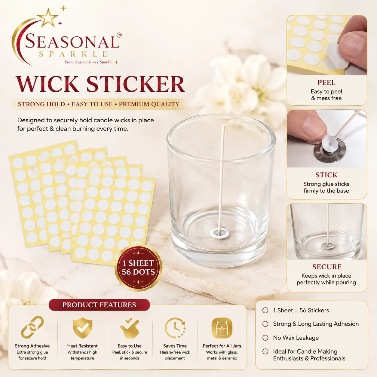 Heat-Resistant Candle Wick Stickers (56 Dots)