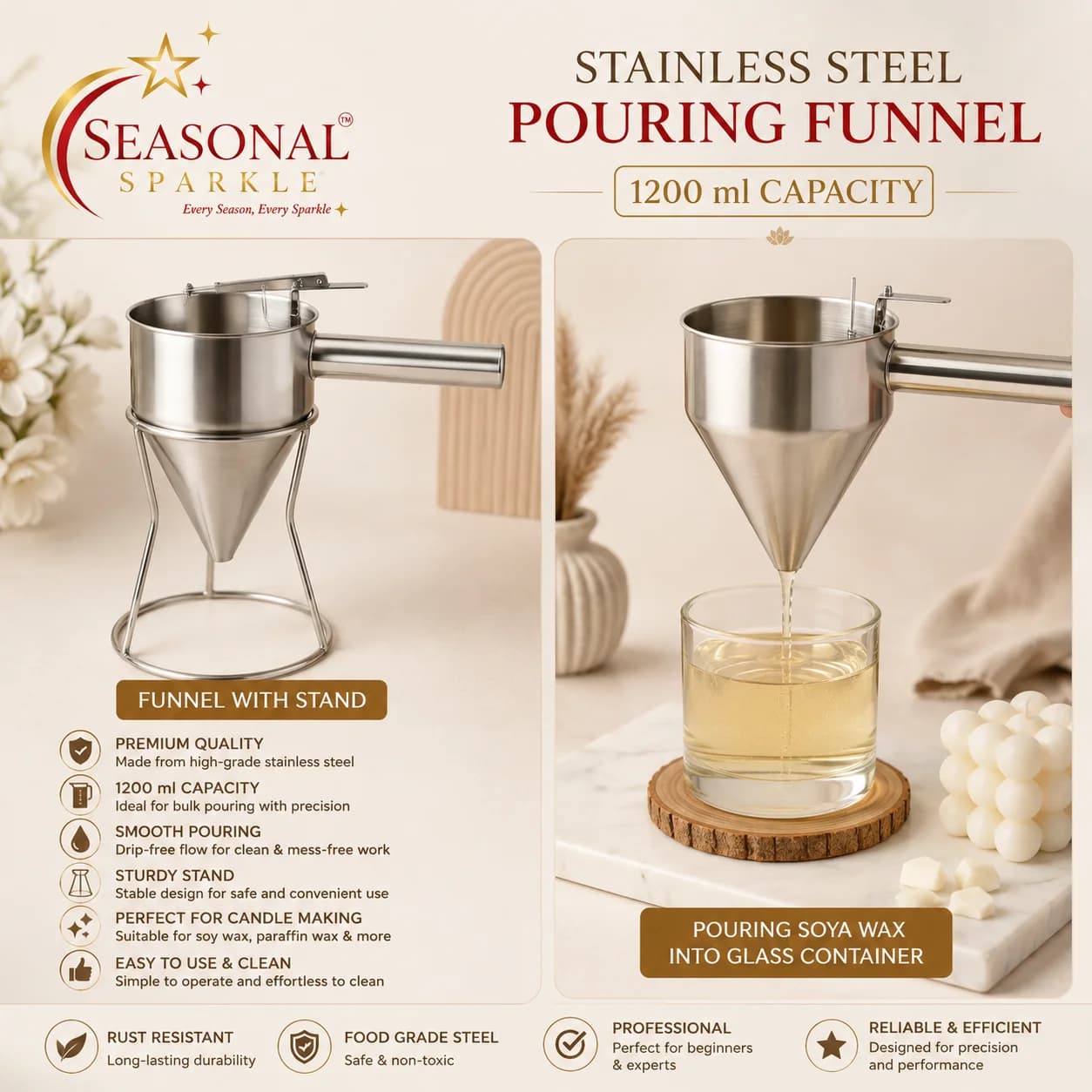 Stainless Steel Wax Pouring Funnel with Stand (1200ml)
