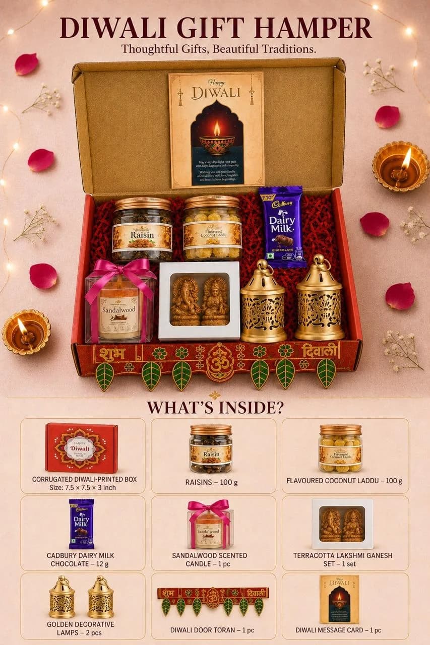 Diwali Gift Hamper – Sandalwood Candle & Golden Lamps