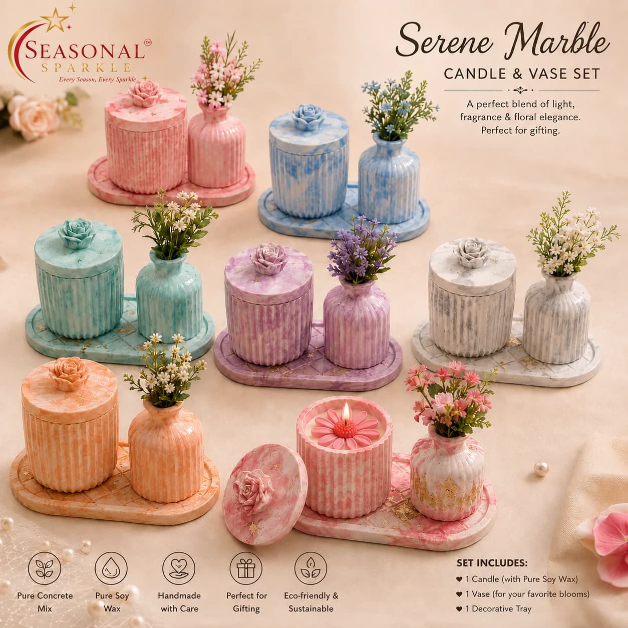 Serene Marble Concrete Candle & Vase Set