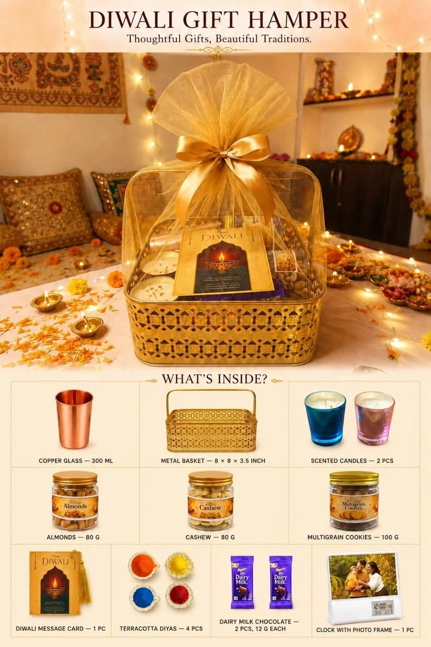 Diwali Gift Hamper – Copper Glass & Photo Frame Clock