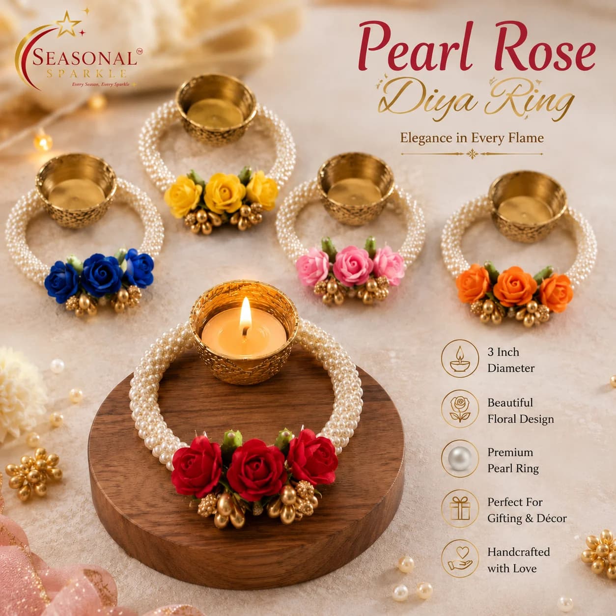 Pearl Rose Diya Ring (set of 2)