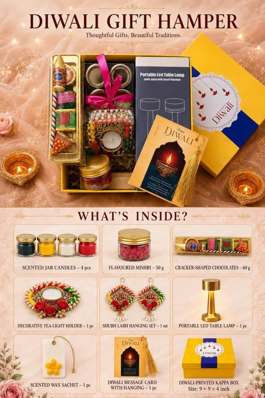 Diwali Gift Hamper – LED Table Lamp & Jar Candles
