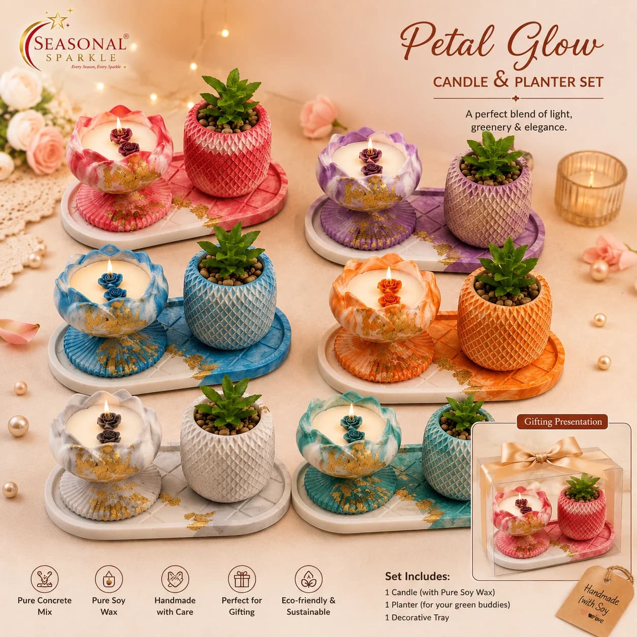 Petal Glow Concrete Candle & Planter Set