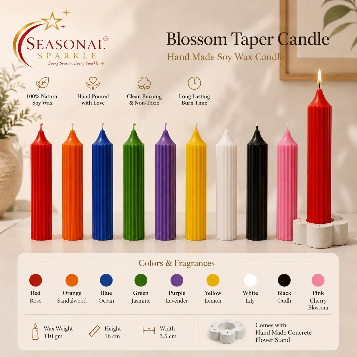 Blossom Taper Candle (with Concrete Stand)