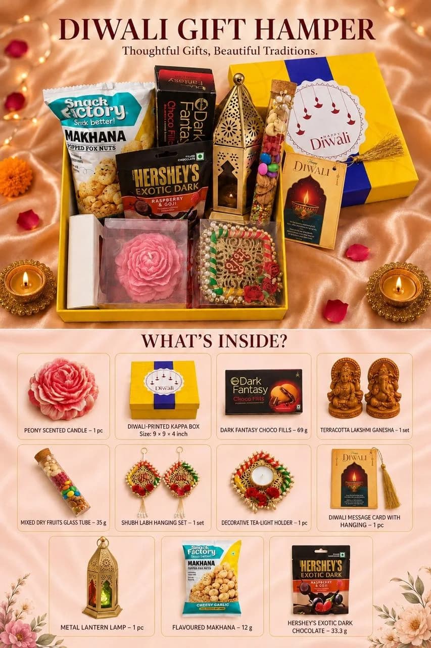 Diwali Gift Hamper – Peony Candle & Metal Lantern