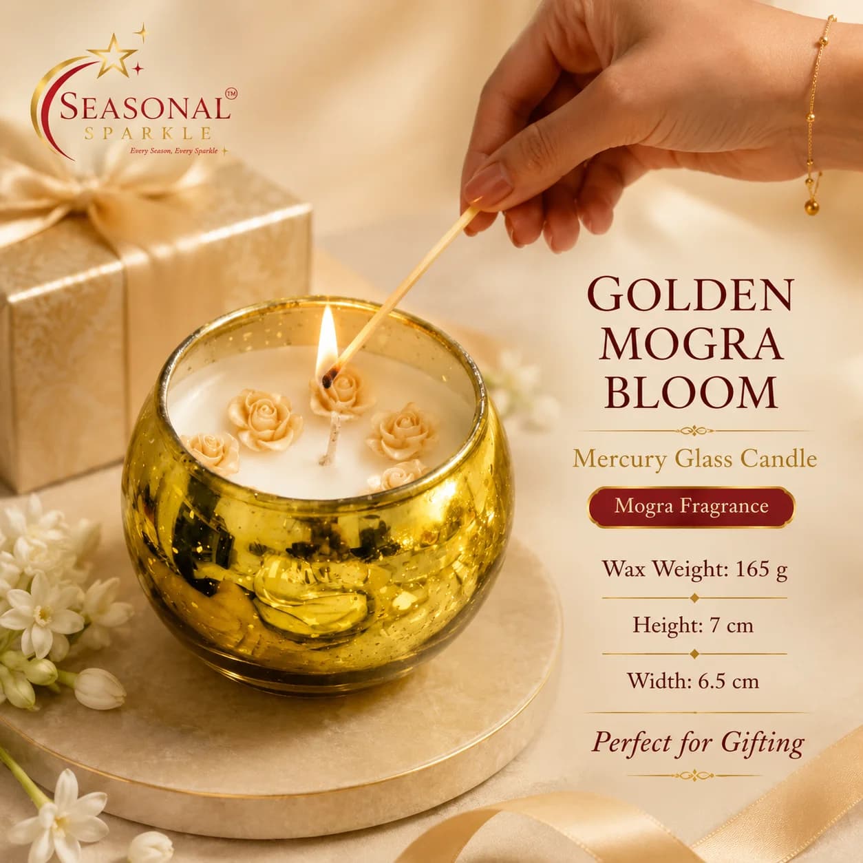 Golden Mogra Bloom Mercury Glass Candle