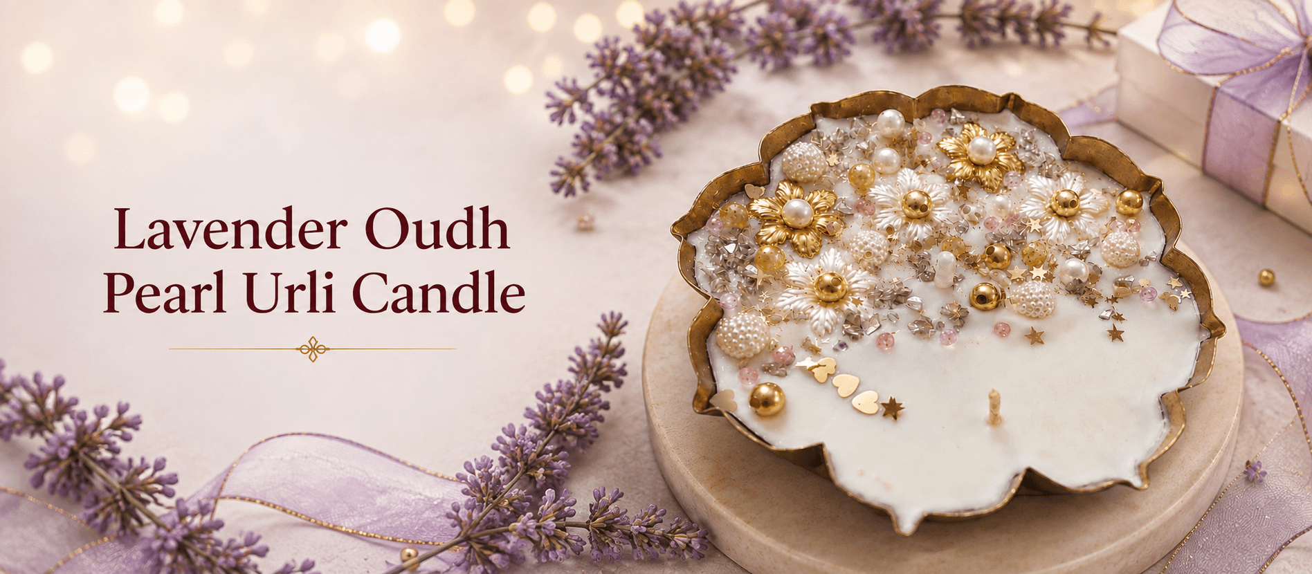 Lavender Oudh Pearl Urli Candle with pearls and floral decoration