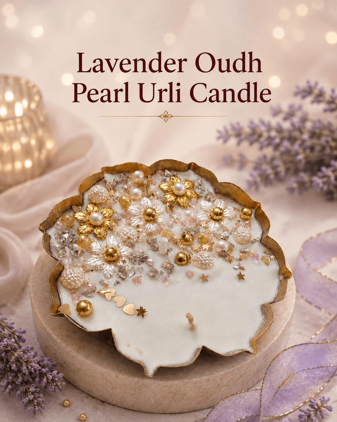 Lavender Oudh Pearl Urli Candle with pearls and floral decoration