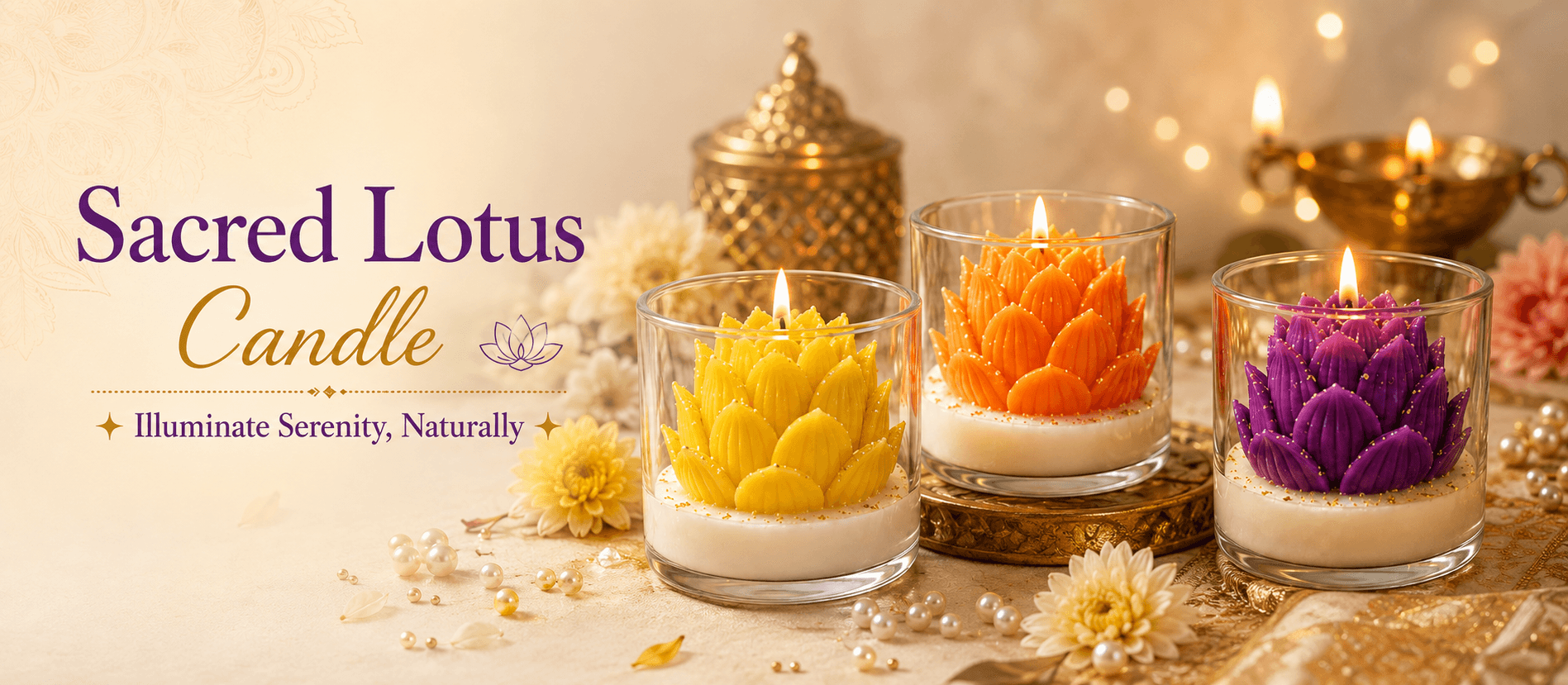 Sacred Lotus Candle in colorful lotus-shaped wax designs