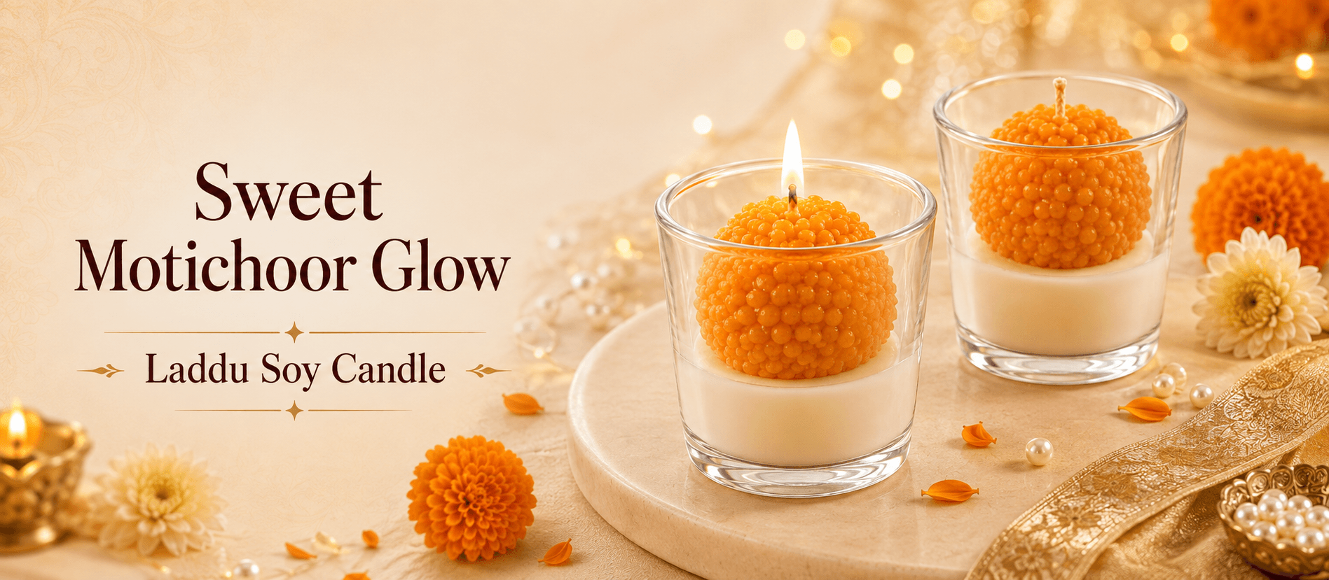 Sweet Motichoor Glow Laddu Soy Candle in a festive glass votive