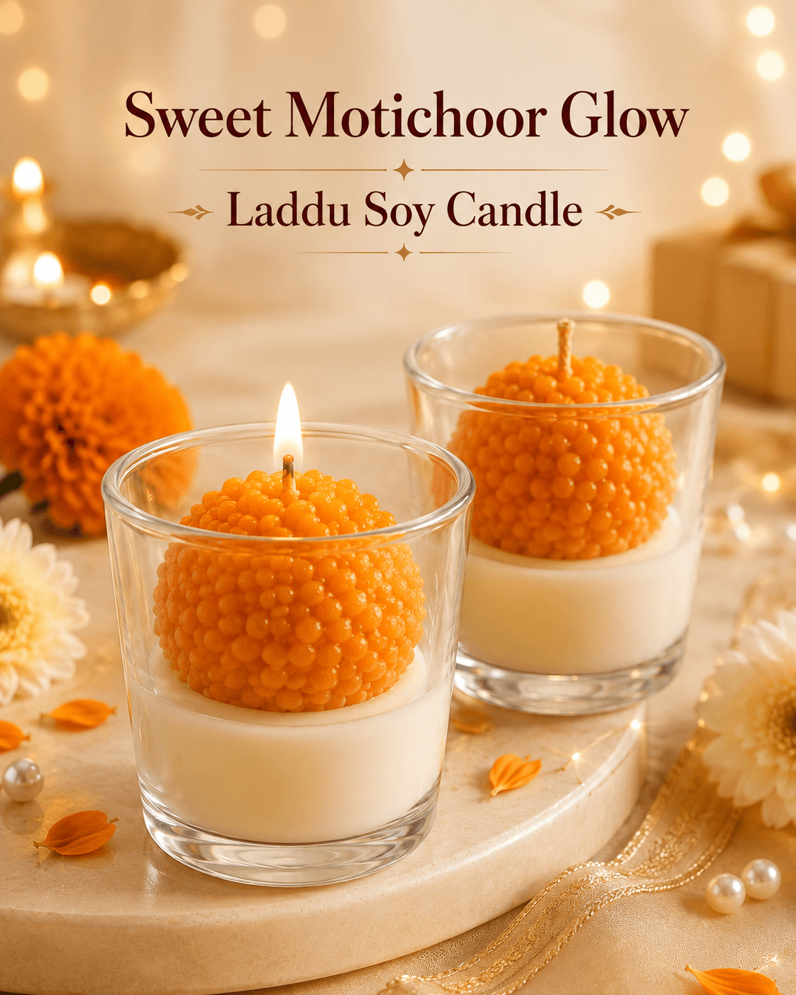 Sweet Motichoor Glow Laddu Soy Candle in a festive glass votive