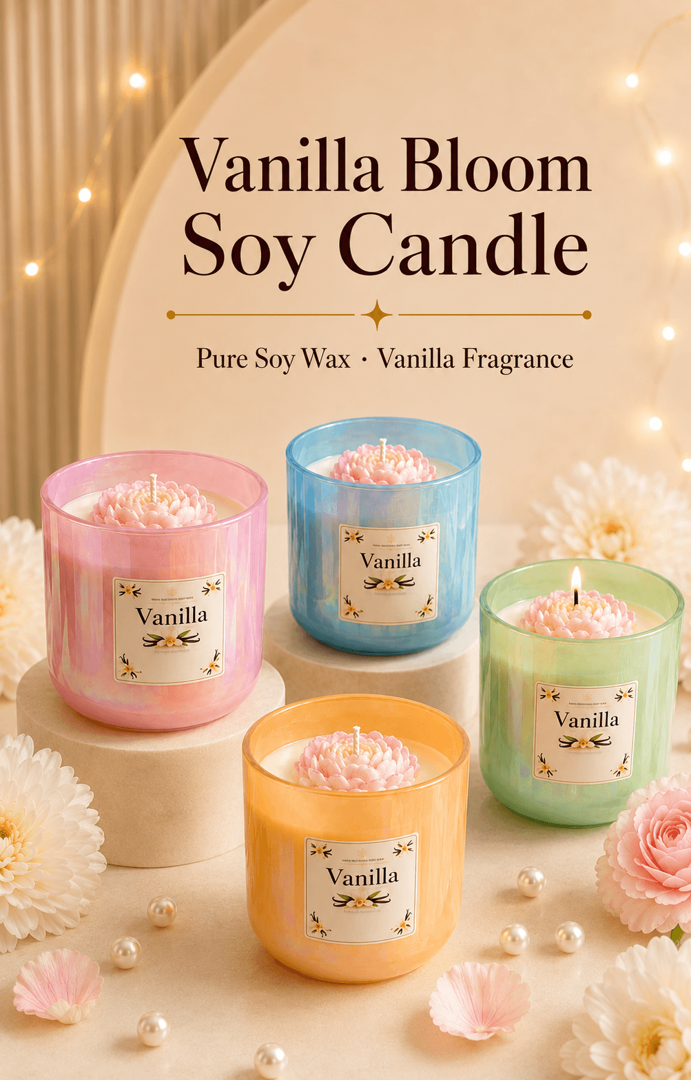 Vanilla Bloom Soy Candle in colorful pastel glass jars