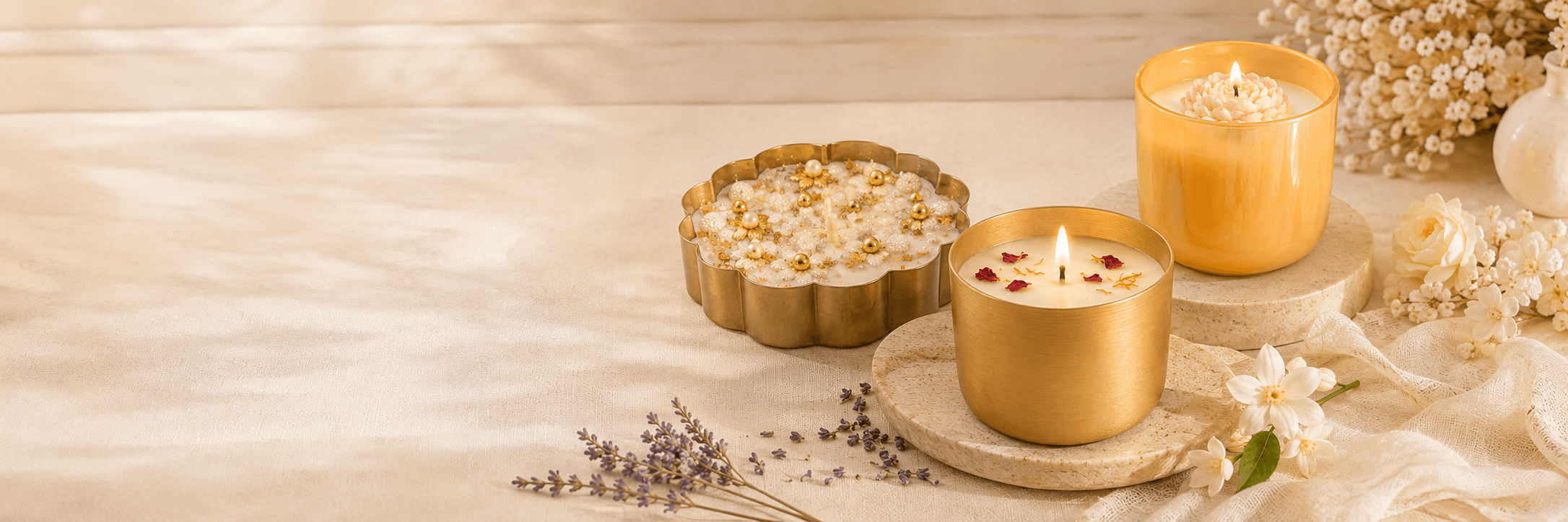 A styled collection of Seasonal Sparkle fragrance candles