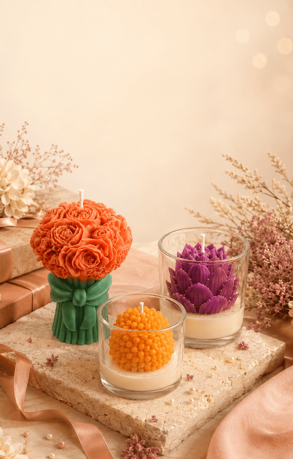 Seasonal Sparkle candles styled as an elegant gift collection