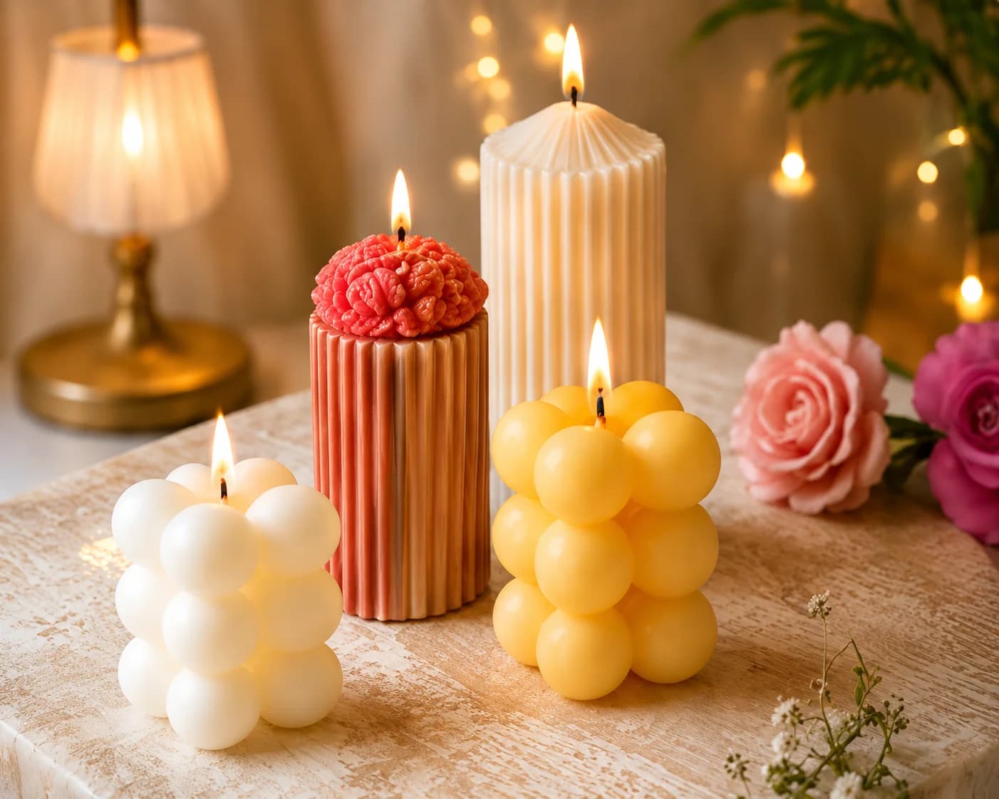 Seasonal Sparkle candles styled with fresh flowers on a linen table